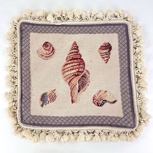 Hand Made Needlepoint Nautical Sea Shell Tassel Pillow Cover Velvet Back